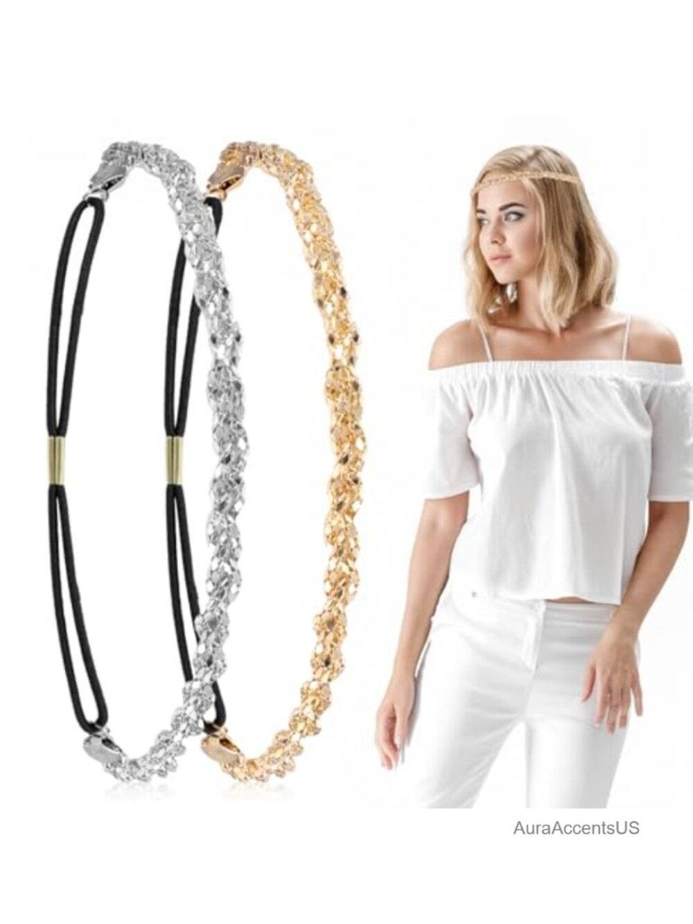 2 PCS Elastic Rhinestone Beaded Headbands Adjustable Braided Hair Accessories